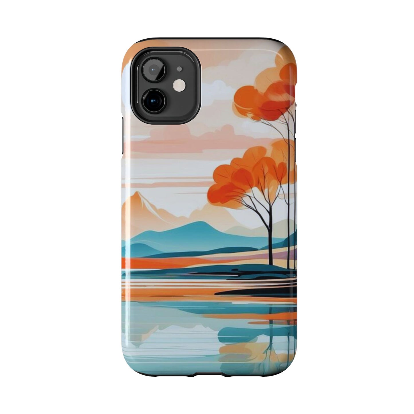 Serene Sunset Lake iPhone Case – Minimalist Landscape Art, Dual-Layer Protection