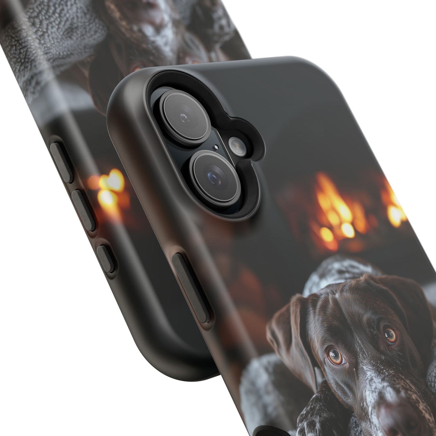 Cozy German Shorthaired Pointer MagSafe iPhone Case – Rustic Fireplace Protective Cover