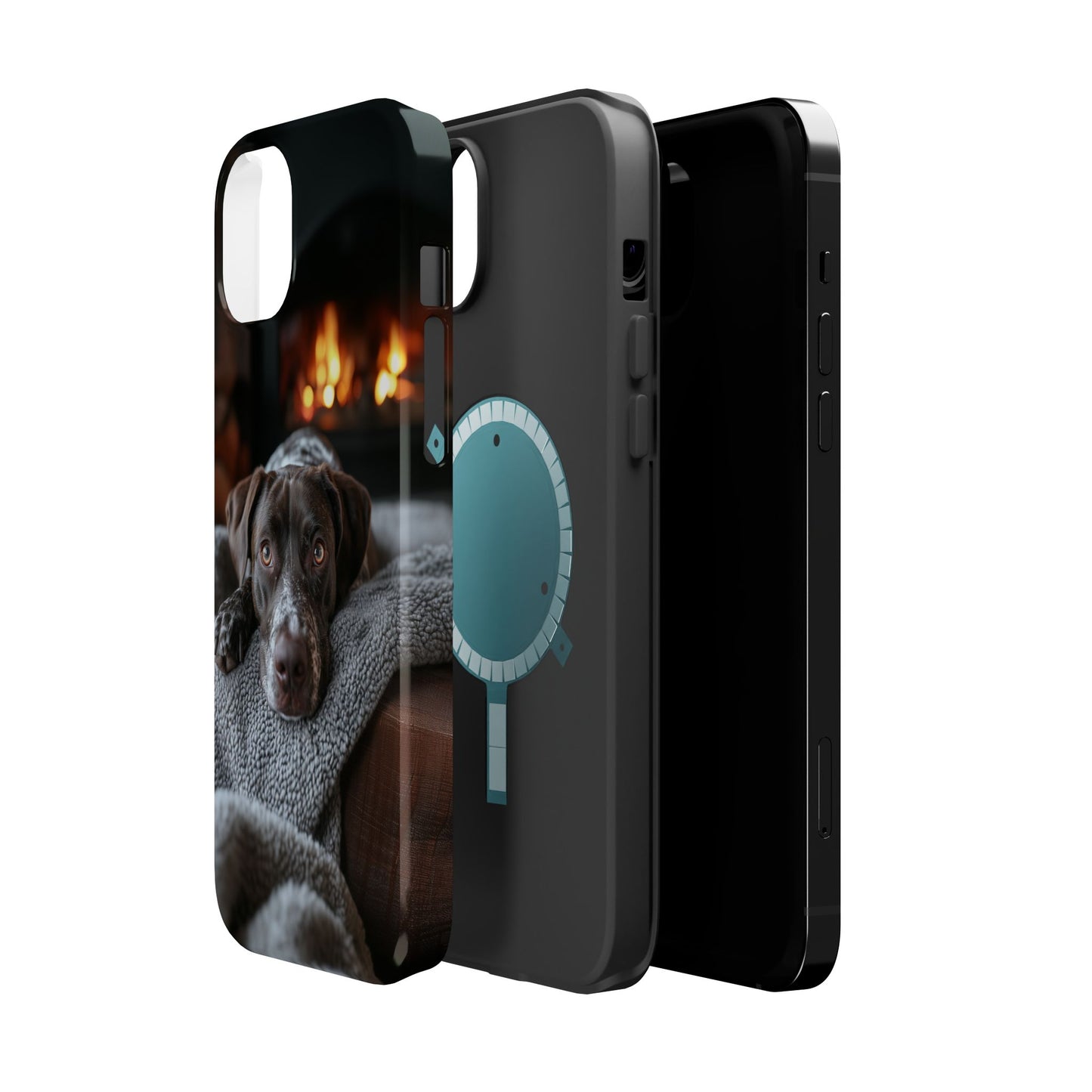 Cozy German Shorthaired Pointer MagSafe iPhone Case – Rustic Fireplace Protective Cover