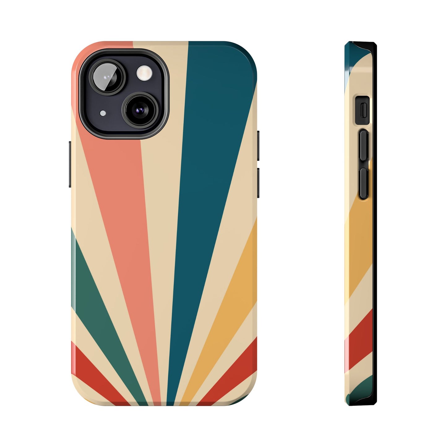 Retro Sunbeam iPhone Case – 70s-Inspired Radiating Stripes in Coral, Teal, and Mustard