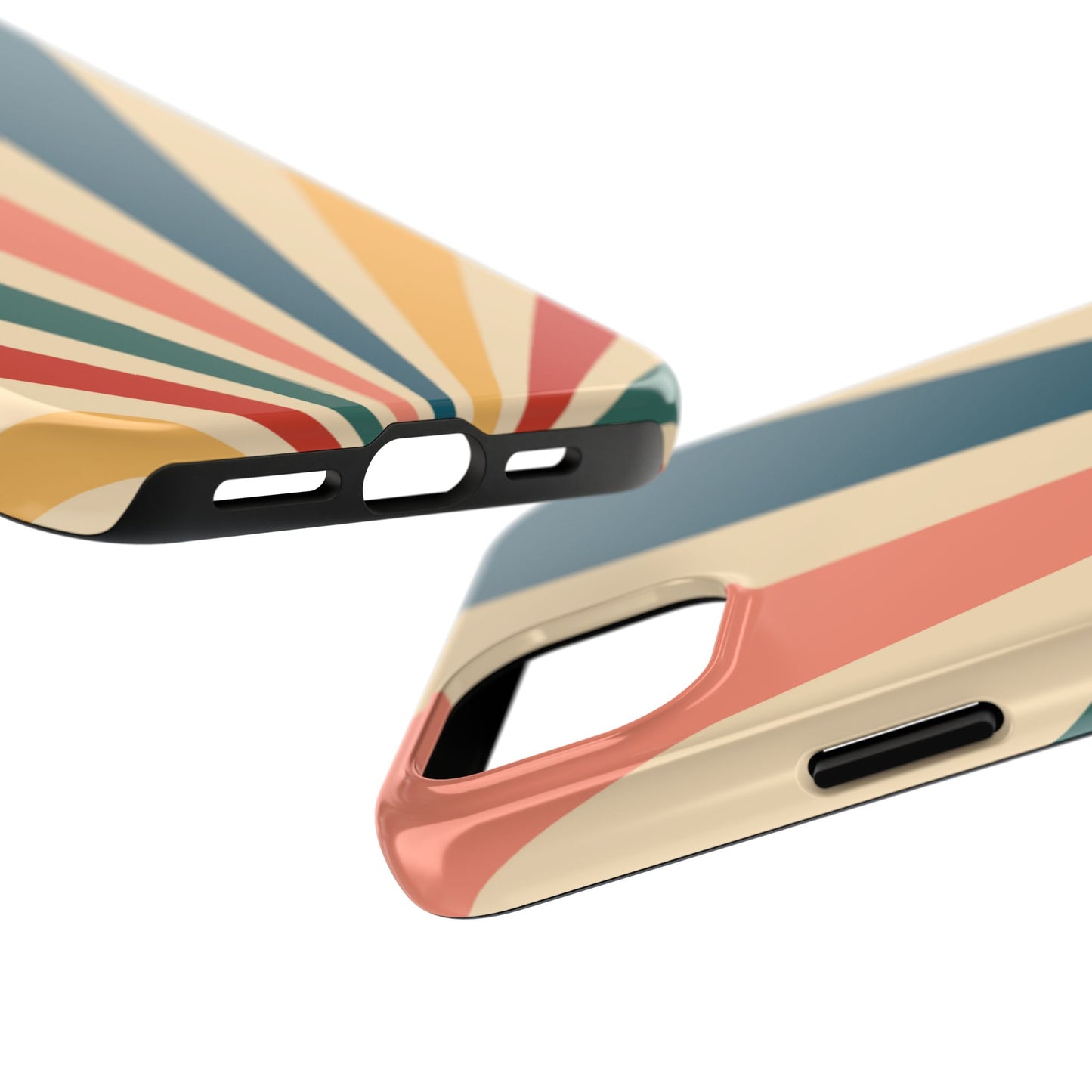 Retro Sunbeam iPhone Case – 70s-Inspired Radiating Stripes in Coral, Teal, and Mustard