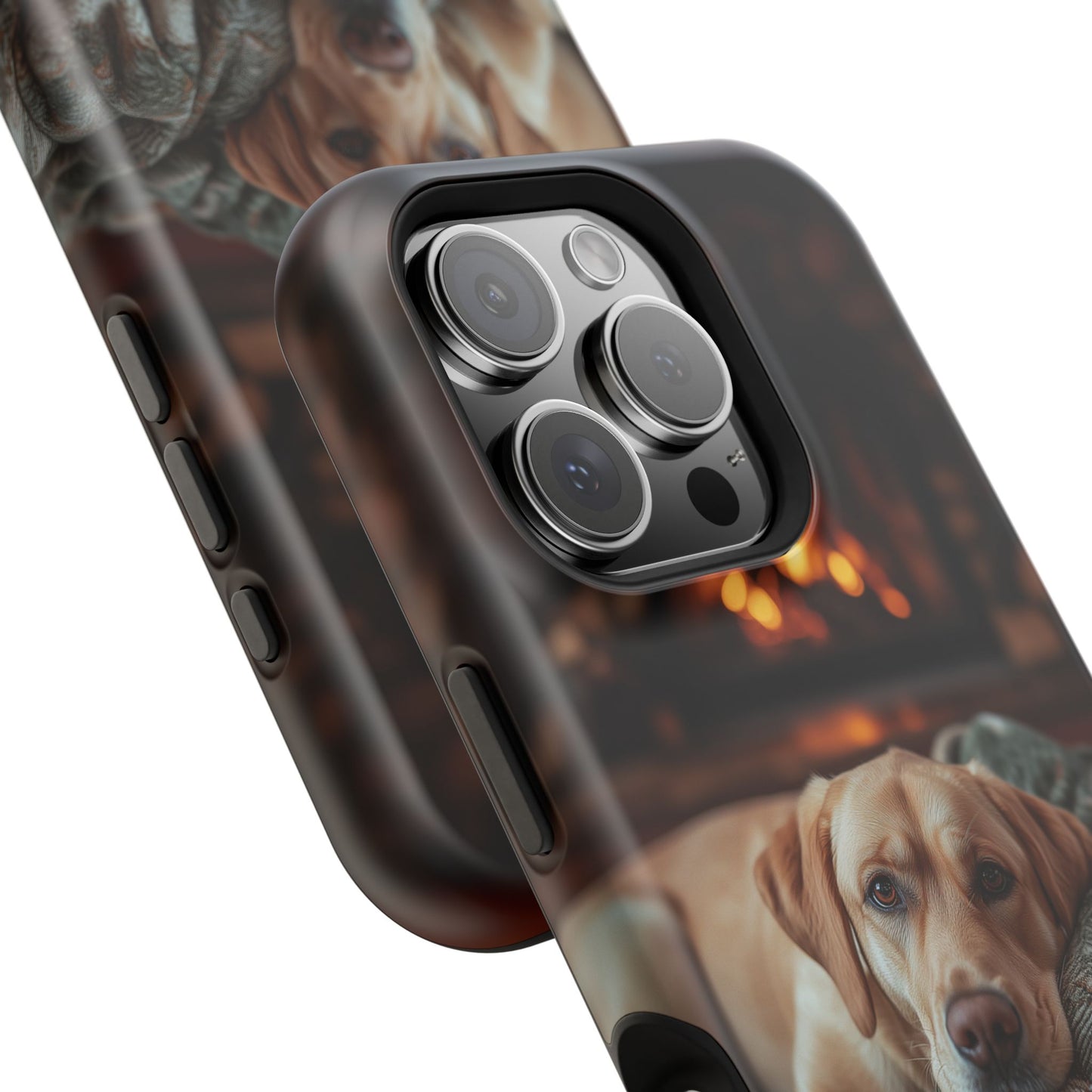 Cozy Labrador by Fireplace MagSafe iPhone Case – Rustic Cabin Protective Cover