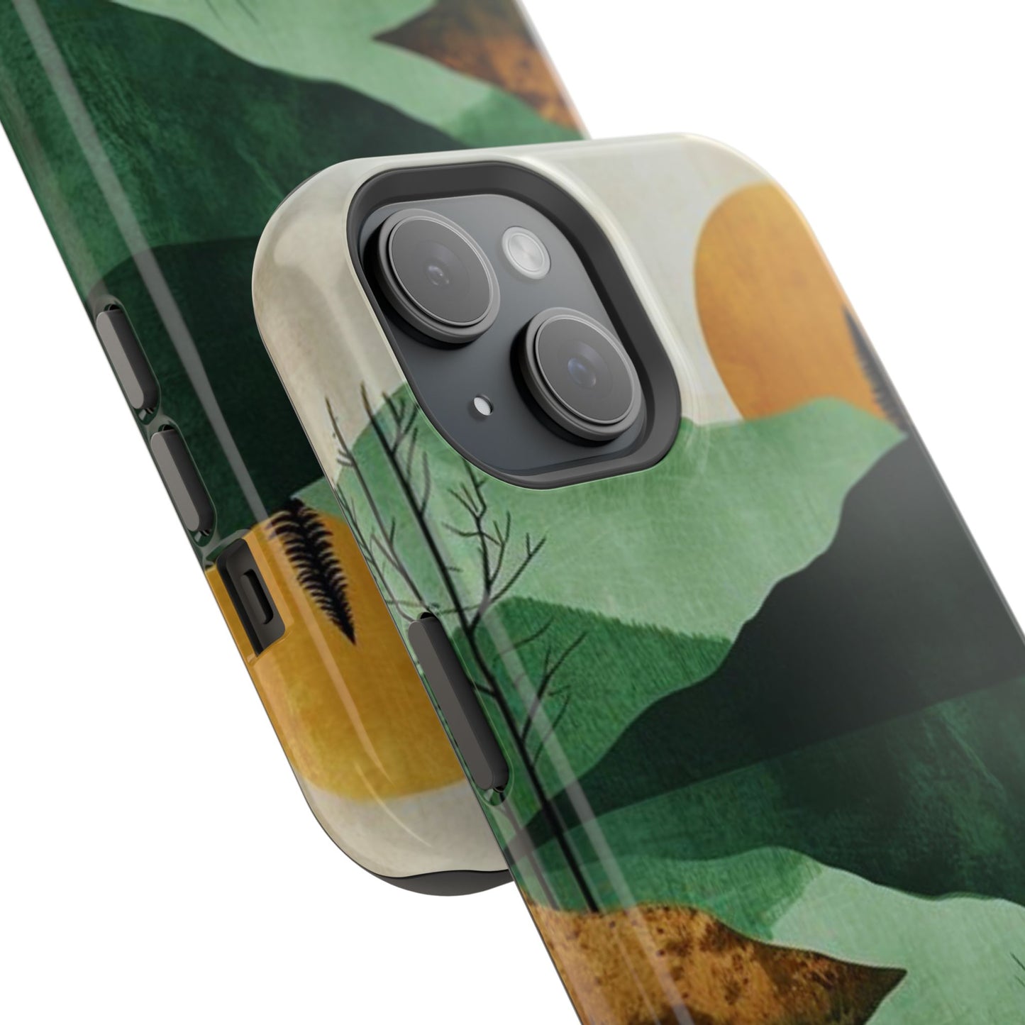 Retro Mountain Sunrise MagSafe iPhone Case – Minimalist Landscape Design, Dual-Layer Protection