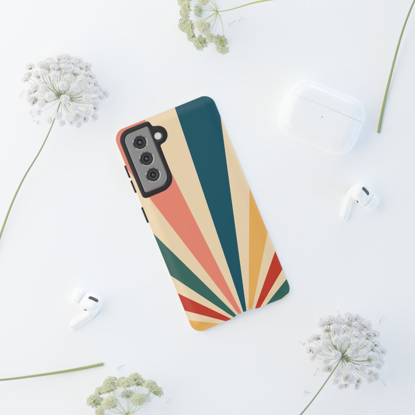 Retro Sunbeam Samsung Galaxy Case – 70s-Inspired Radiating Stripes in Coral, Teal, and Mustard