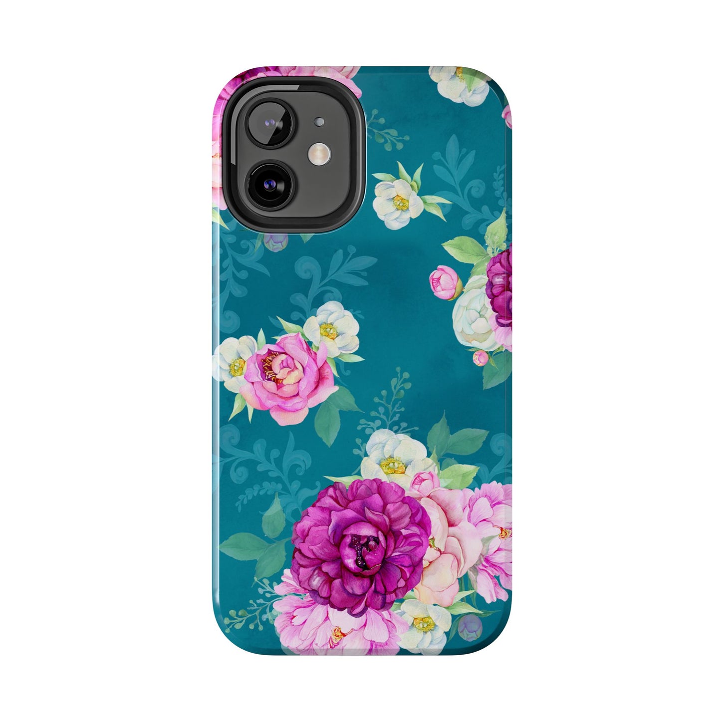 Elegant Peony Bouquet iPhone Case – Deep Teal Background with Romantic Floral Design