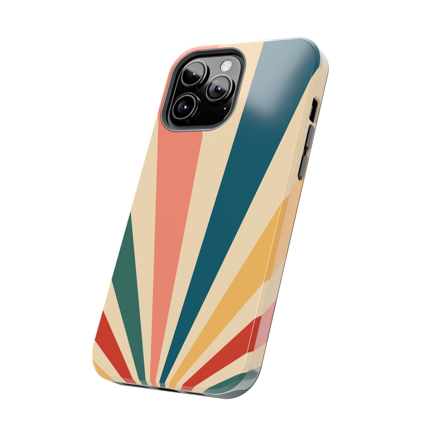 Retro Sunbeam iPhone Case – 70s-Inspired Radiating Stripes in Coral, Teal, and Mustard