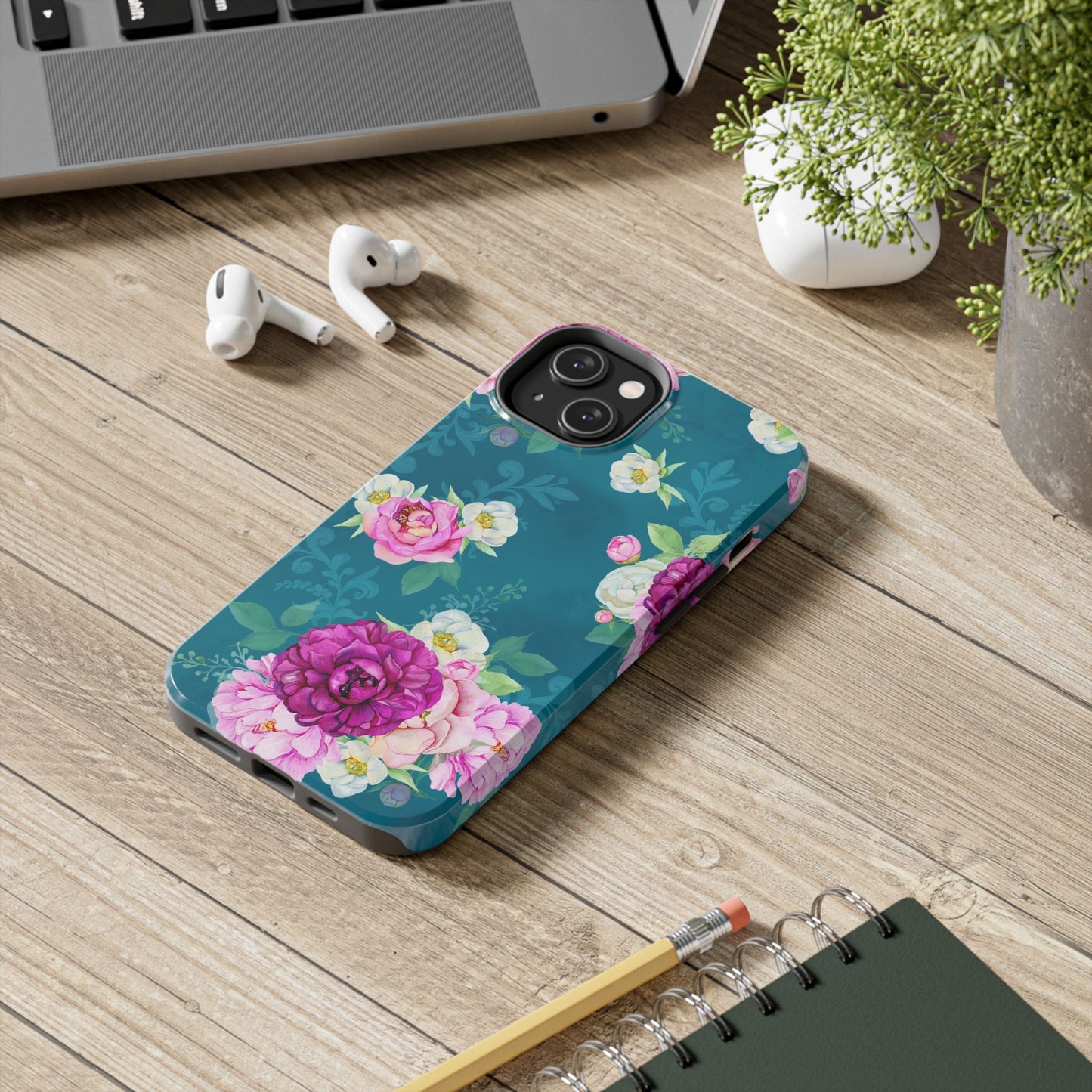 Elegant Peony Bouquet iPhone Case – Deep Teal Background with Romantic Floral Design