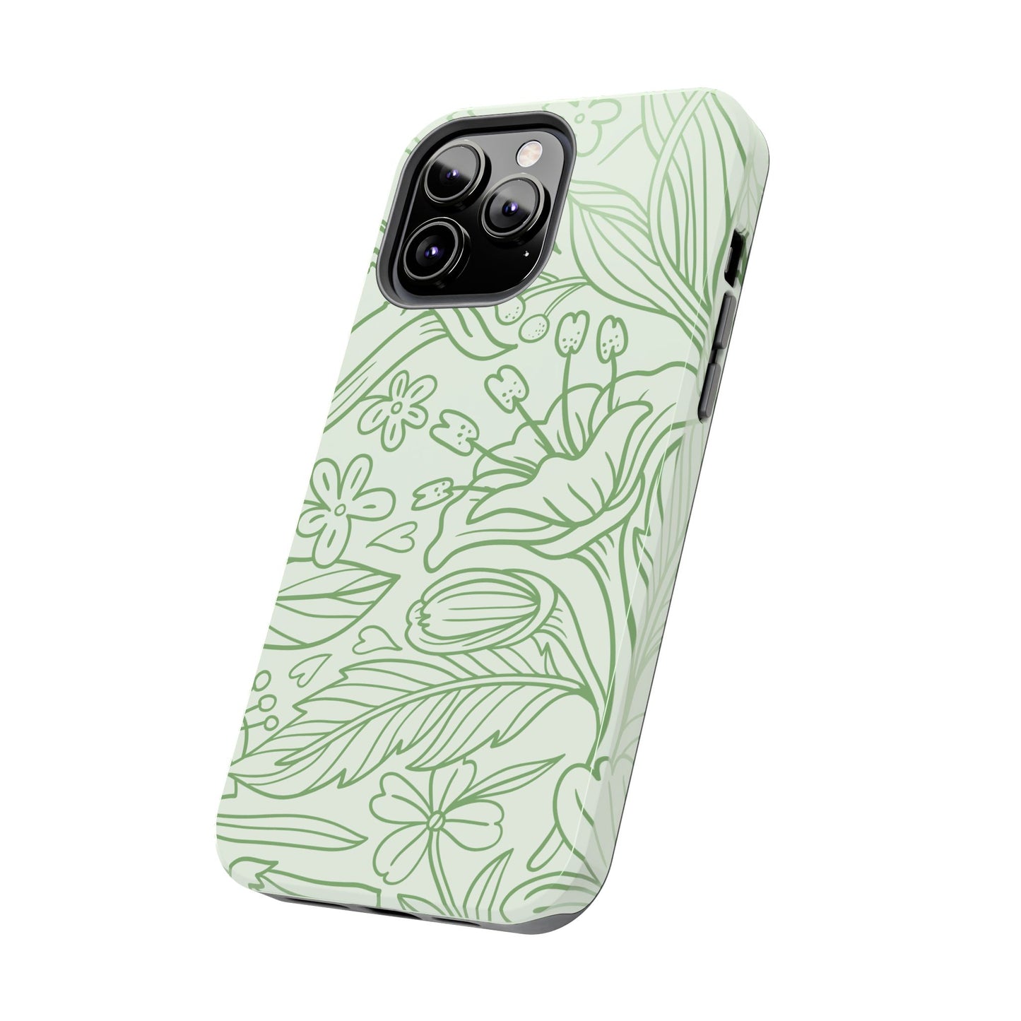 Sage Green Floral Line Art Tough iPhone Case – Minimalist Botanical Design with Dual-Layer Protection