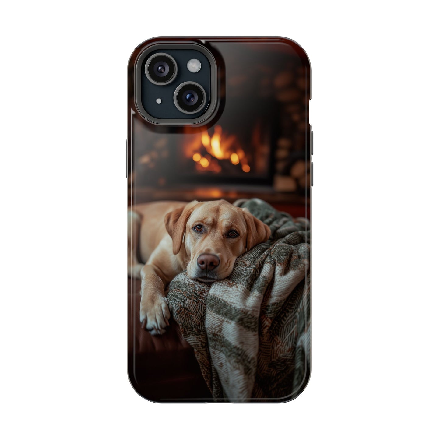 Cozy Labrador by Fireplace MagSafe iPhone Case – Rustic Cabin Protective Cover