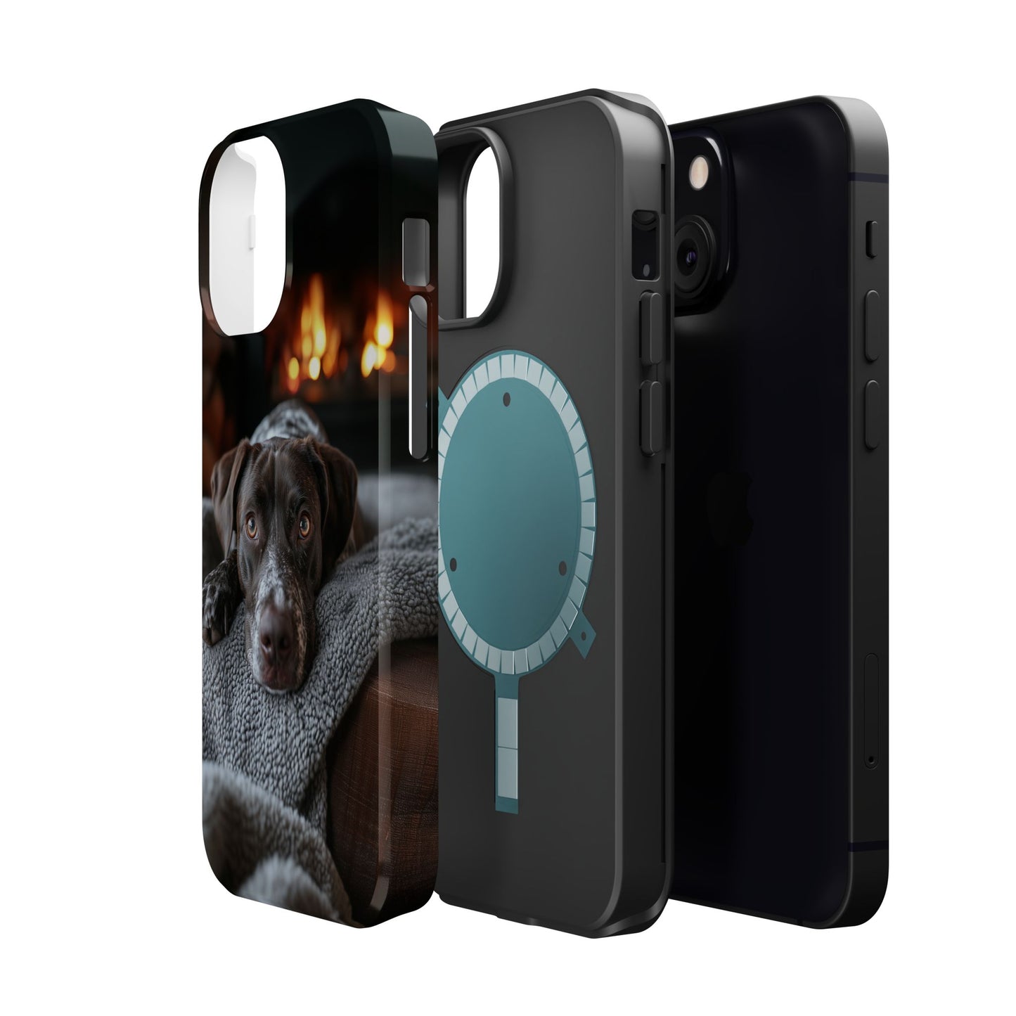 Cozy German Shorthaired Pointer MagSafe iPhone Case – Rustic Fireplace Protective Cover