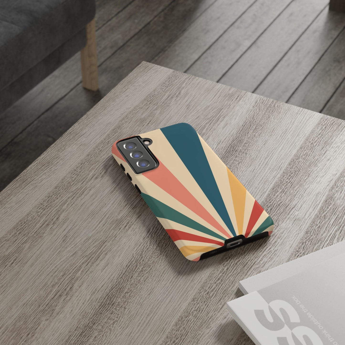 Retro Sunbeam Samsung Galaxy Case – 70s-Inspired Radiating Stripes in Coral, Teal, and Mustard
