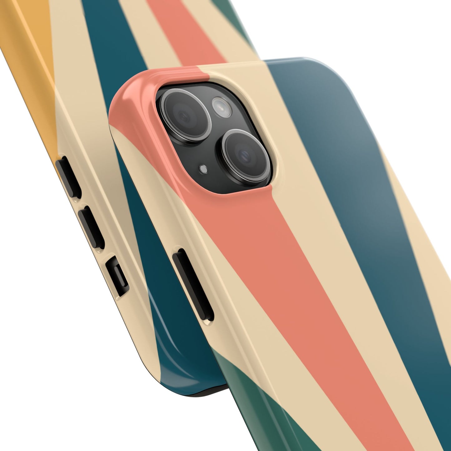 Retro Sunbeam iPhone Case – 70s-Inspired Radiating Stripes in Coral, Teal, and Mustard