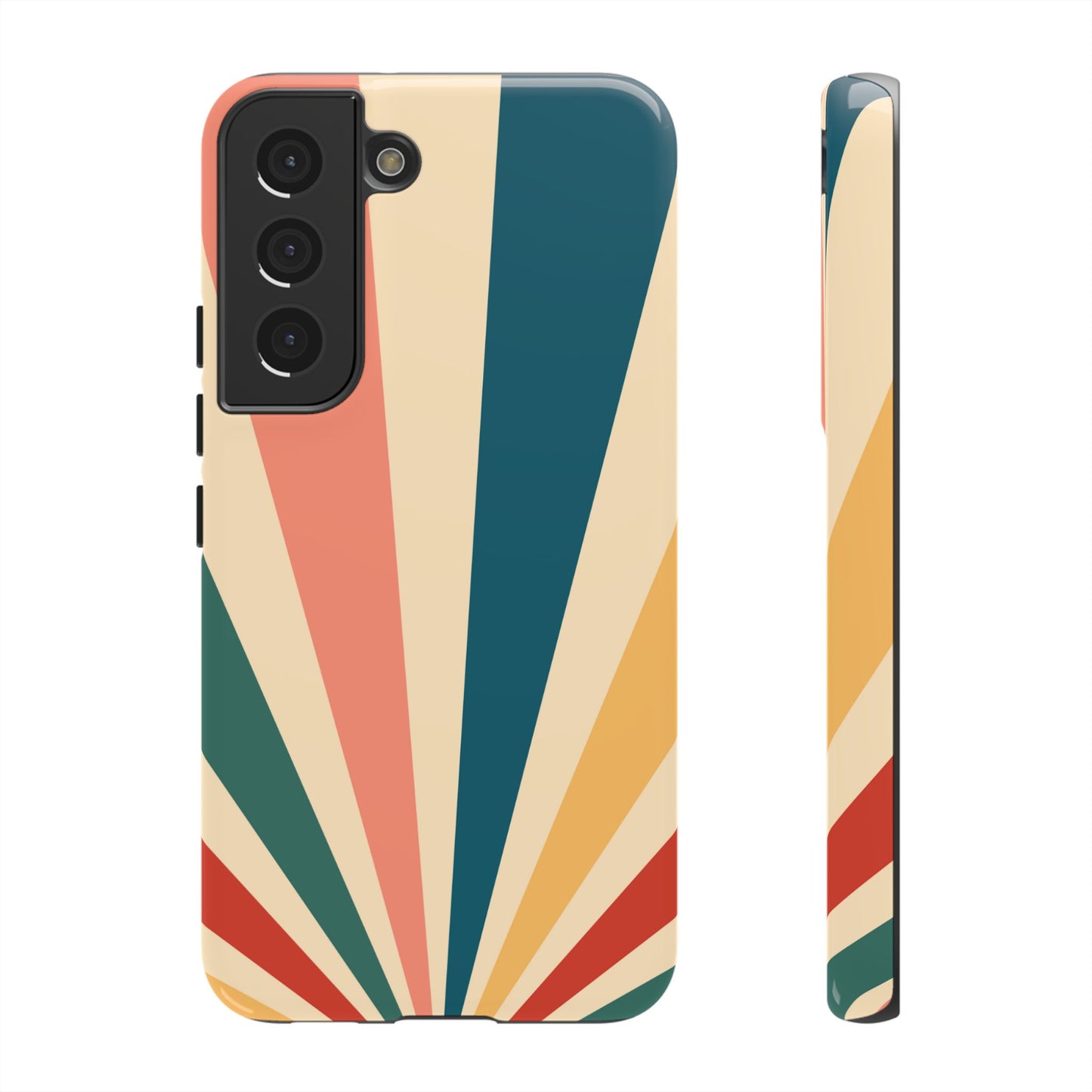 Retro Sunbeam Samsung Galaxy Case – 70s-Inspired Radiating Stripes in Coral, Teal, and Mustard