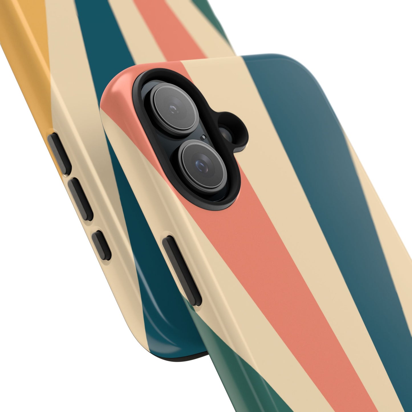Retro Sunbeam iPhone Case – 70s-Inspired Radiating Stripes in Coral, Teal, and Mustard