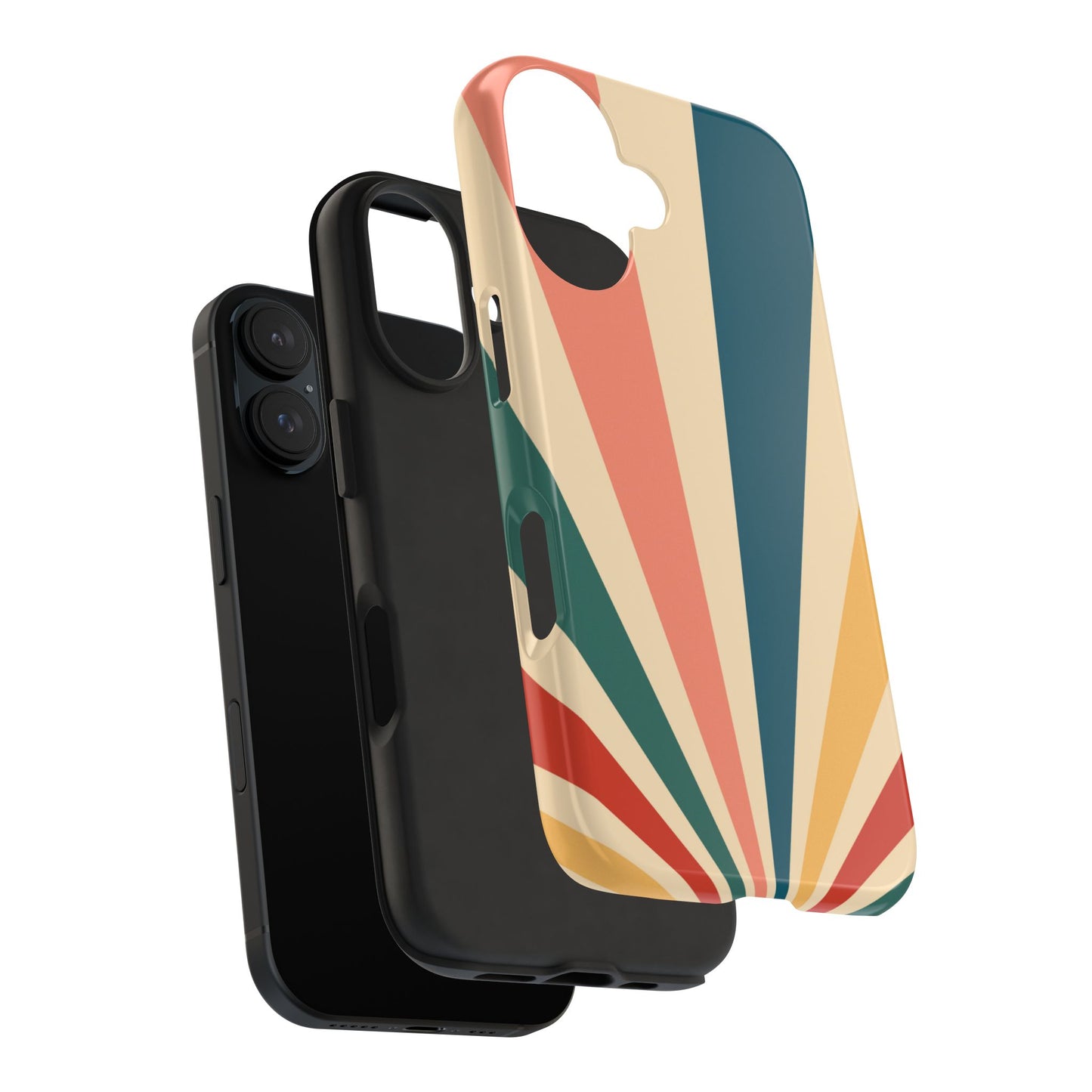 Retro Sunbeam iPhone Case – 70s-Inspired Radiating Stripes in Coral, Teal, and Mustard
