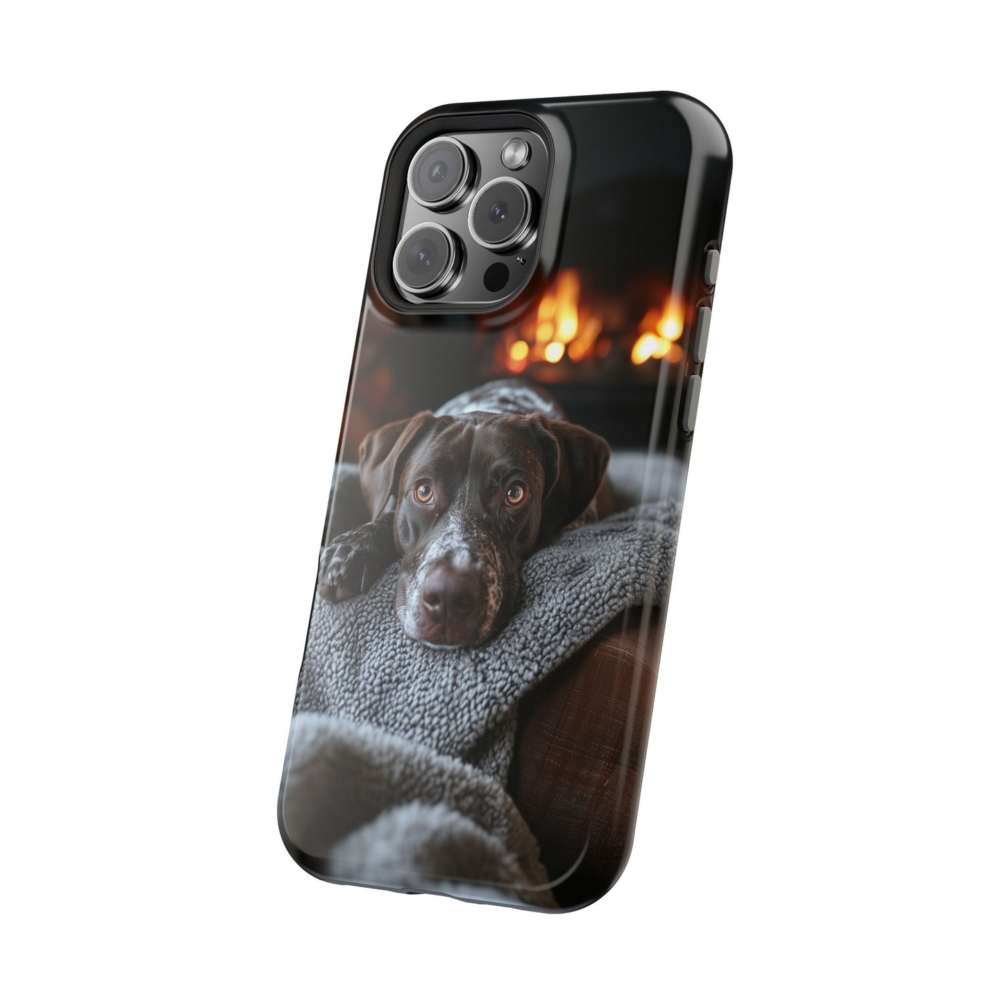 Cozy German Shorthaired Pointer MagSafe iPhone Case – Rustic Fireplace Protective Cover