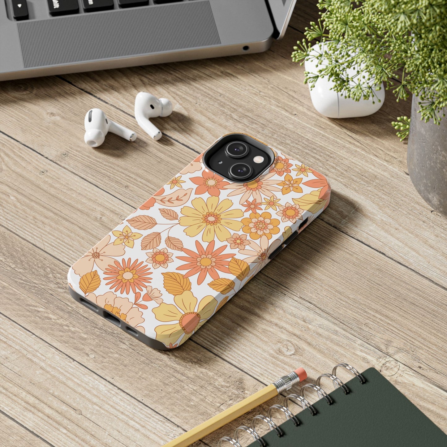 Vintage Floral Bloom iPhone Case – Warm Orange & Yellow Retro Flower Design with Matte Finish