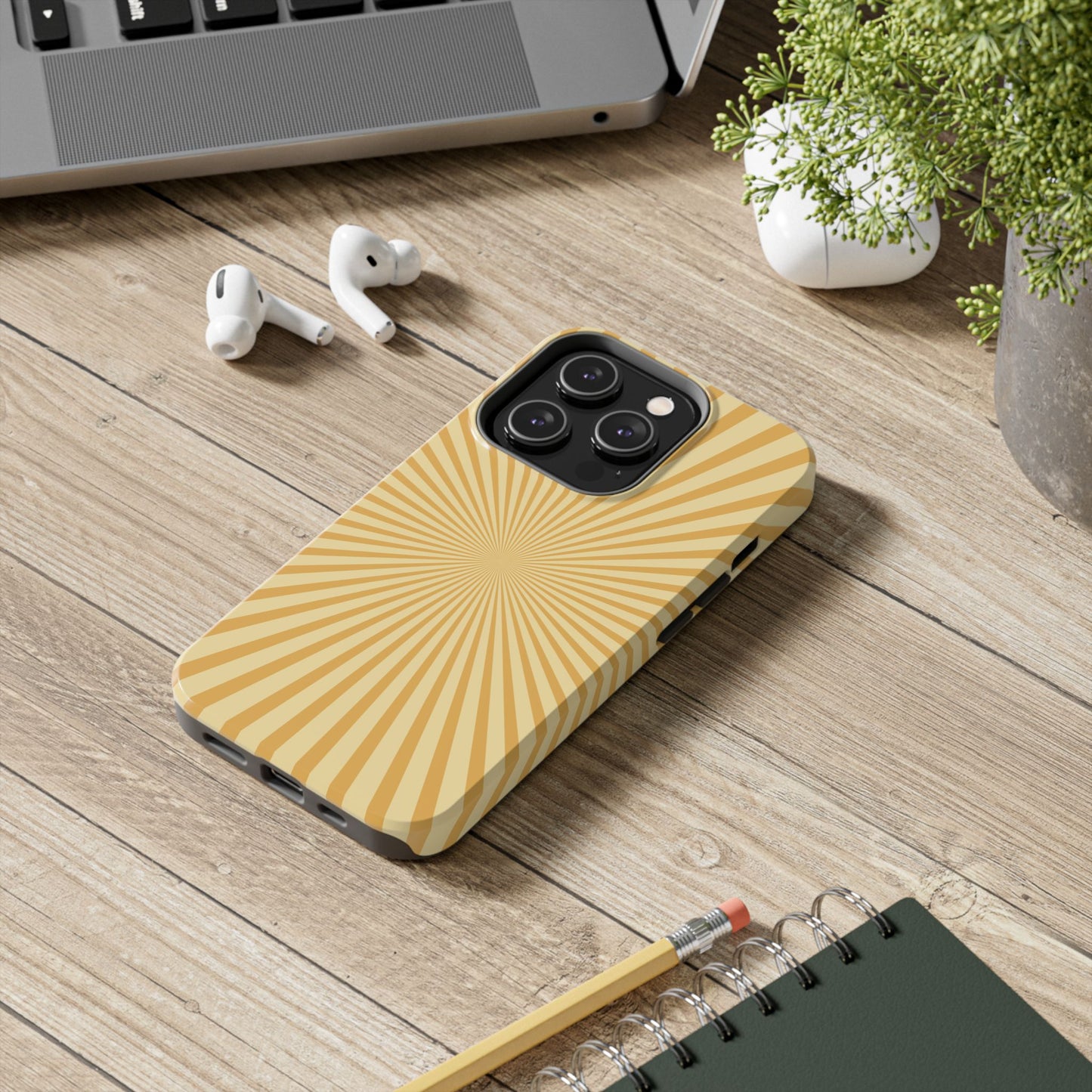 Golden Sunburst iPhone Case – Retro Radiant Design with Dual-Layer Protection