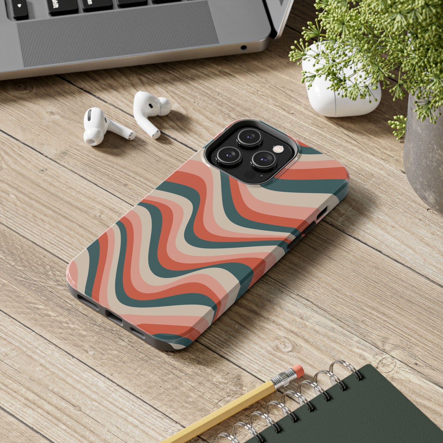Groovy Waves iPhone Case – Retro 70s-Inspired Stripes in Coral, Cream, and Teal