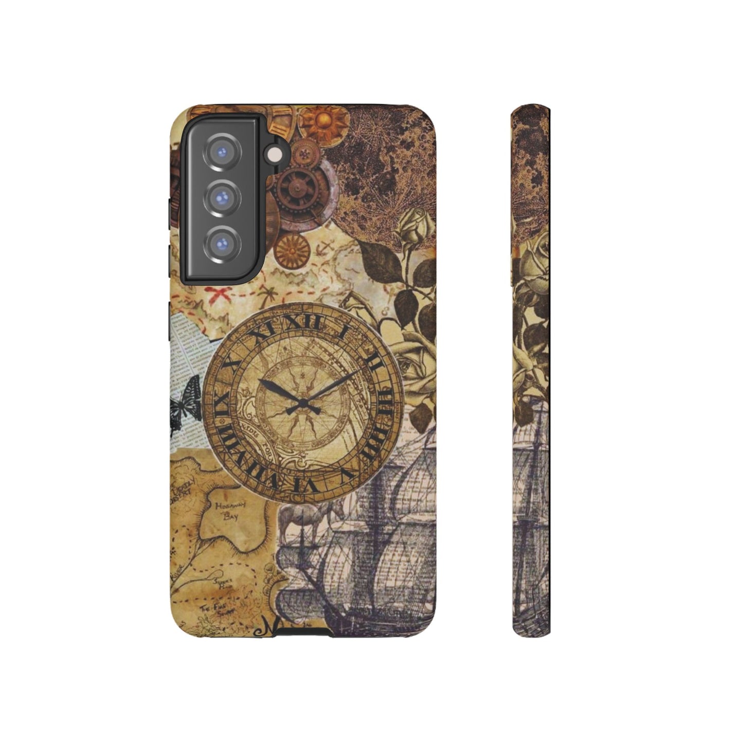 Steampunk Vintage Adventure Samsung Galaxy Case – Dual-Layer Protection with Antique Map and Clock Design