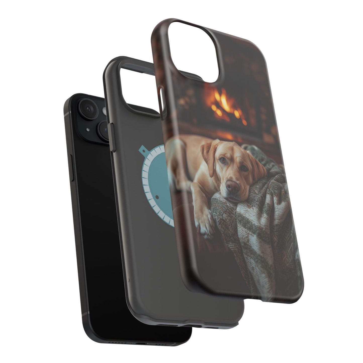 Cozy Labrador by Fireplace MagSafe iPhone Case – Rustic Cabin Protective Cover