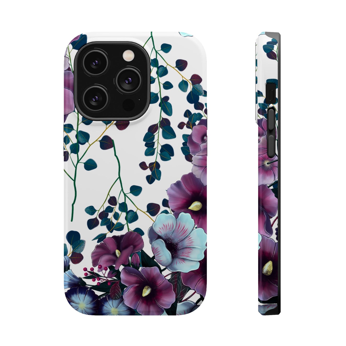 Moody Purple & Teal Floral MagSafe iPhone Series Case – Elegant Botanical Design