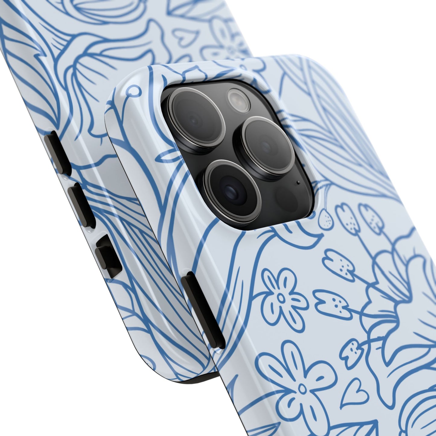 Dusty Blue Floral Line Art Tough iPhone Case – Minimalist Botanical Design with Dual-Layer Protection
