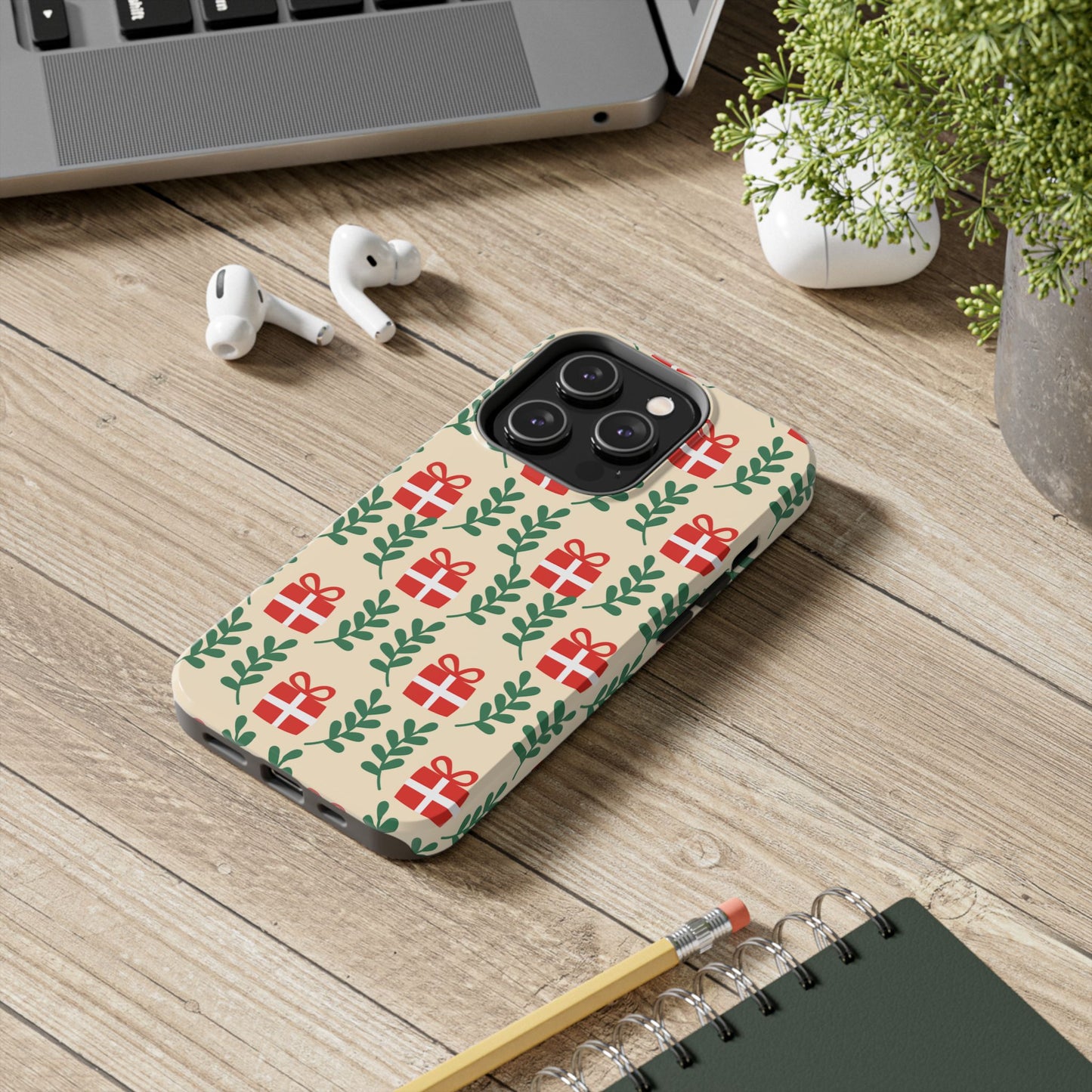 iPhone Case: Holiday Cheer – Red Gifts & Green Leaves