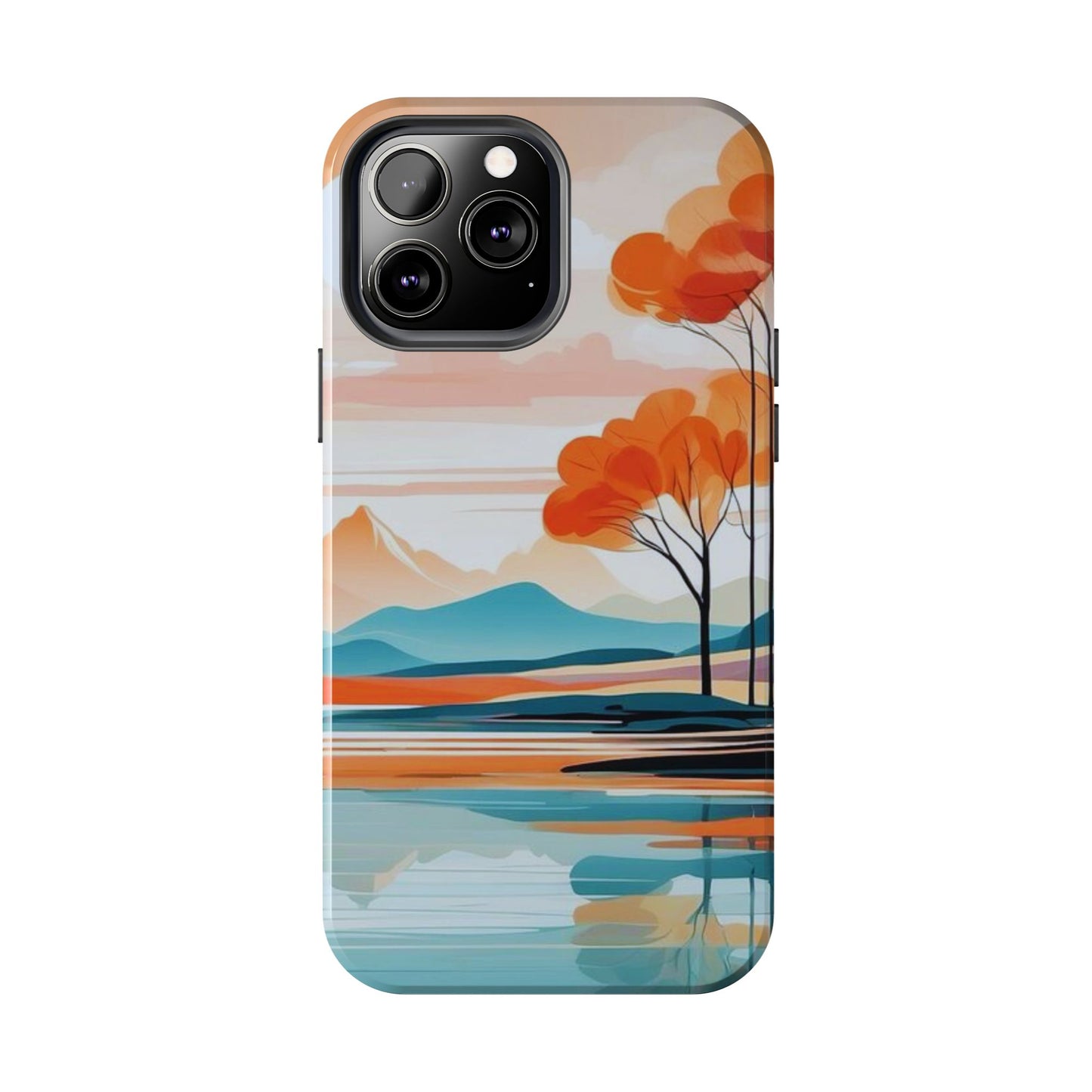 Serene Sunset Lake iPhone Case – Minimalist Landscape Art, Dual-Layer Protection