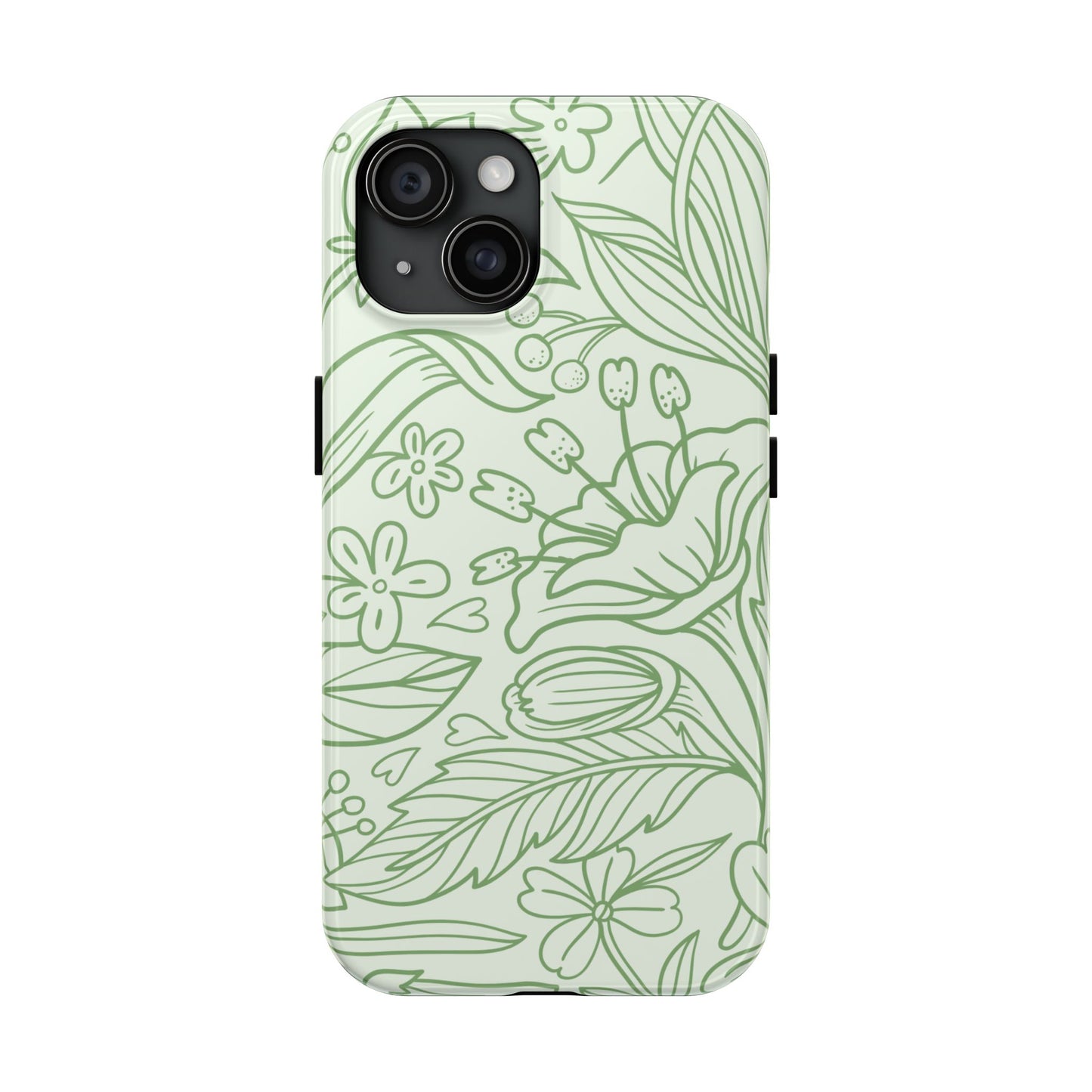 Sage Green Floral Line Art Tough iPhone Case – Minimalist Botanical Design with Dual-Layer Protection