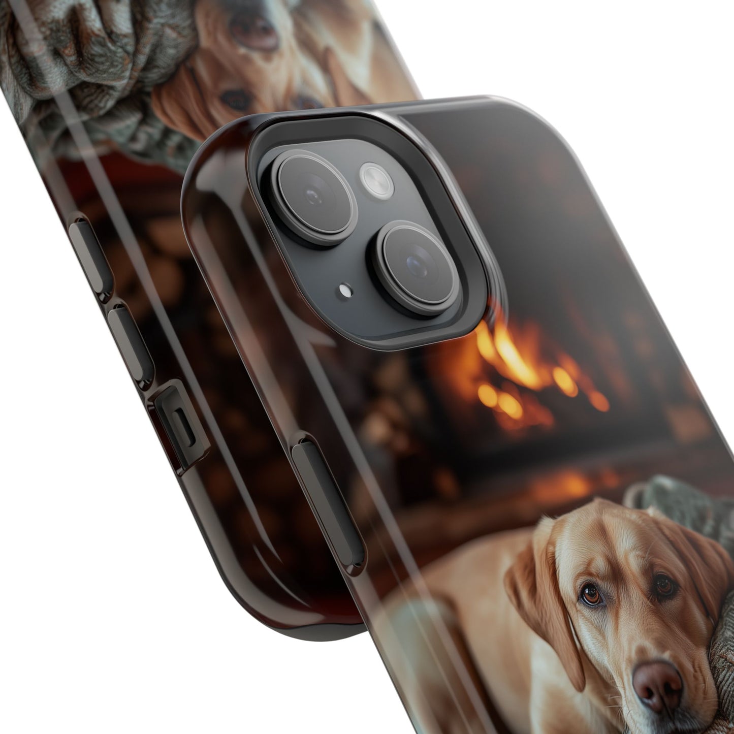 Cozy Labrador by Fireplace MagSafe iPhone Case – Rustic Cabin Protective Cover