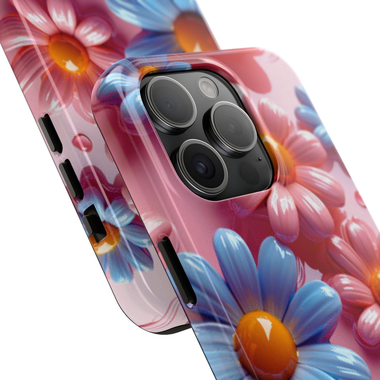 Pastel Daisy 3D iPhone Case – Glossy Pink and Blue Floral Design, Full Protection - BOGO Cases