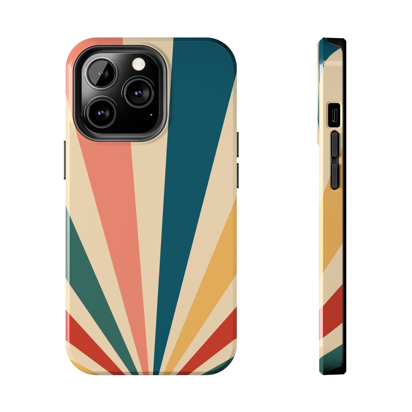 Retro Sunbeam iPhone Case – 70s-Inspired Radiating Stripes in Coral, Teal, and Mustard