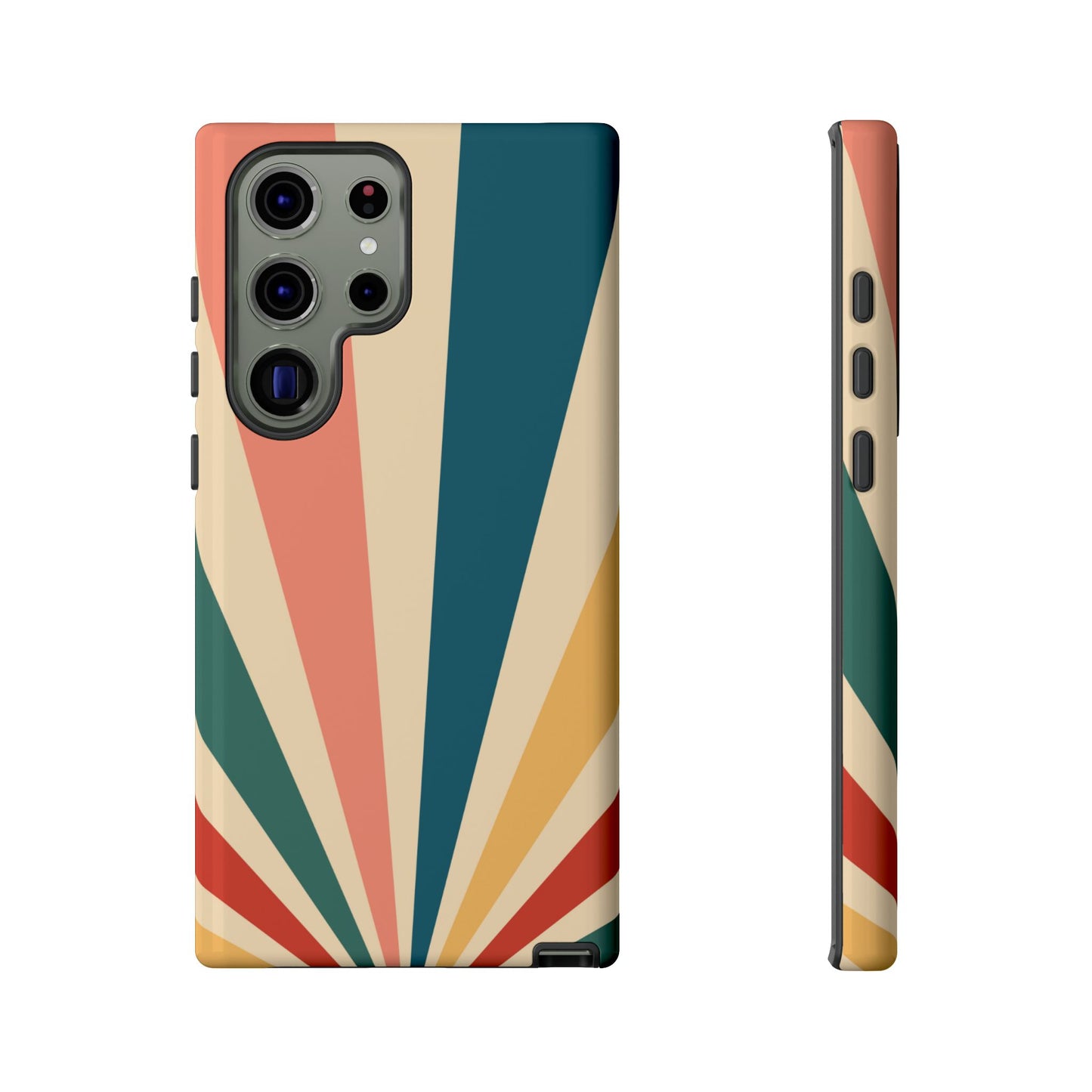 Retro Sunbeam Samsung Galaxy Case – 70s-Inspired Radiating Stripes in Coral, Teal, and Mustard