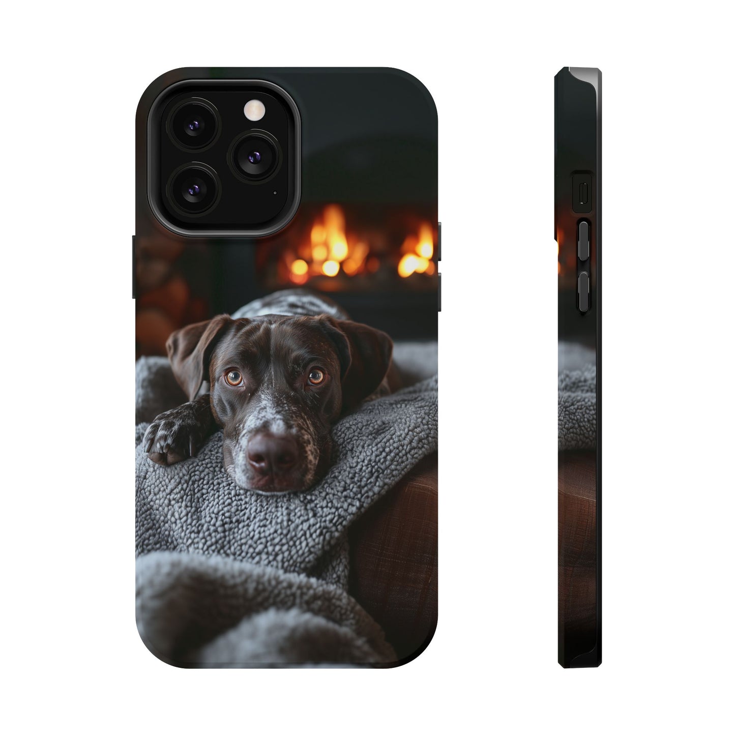 Cozy German Shorthaired Pointer MagSafe iPhone Case – Rustic Fireplace Protective Cover