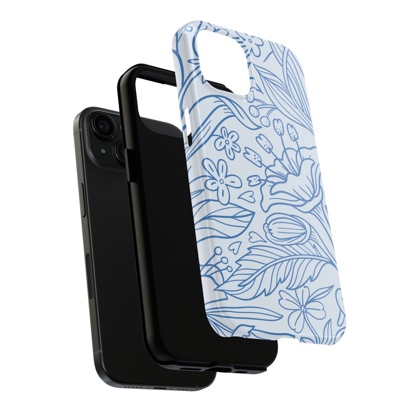 Dusty Blue Floral Line Art Tough iPhone Case – Minimalist Botanical Design with Dual-Layer Protection