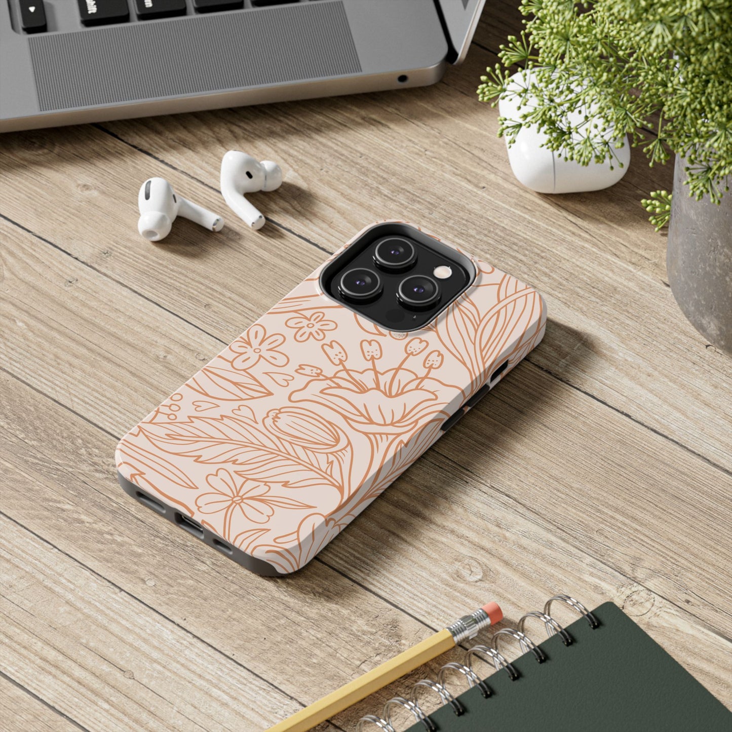 Soft Terracotta Floral Line Art Tough iPhone Case – Minimalist Botanical Design with Dual-Layer Protection