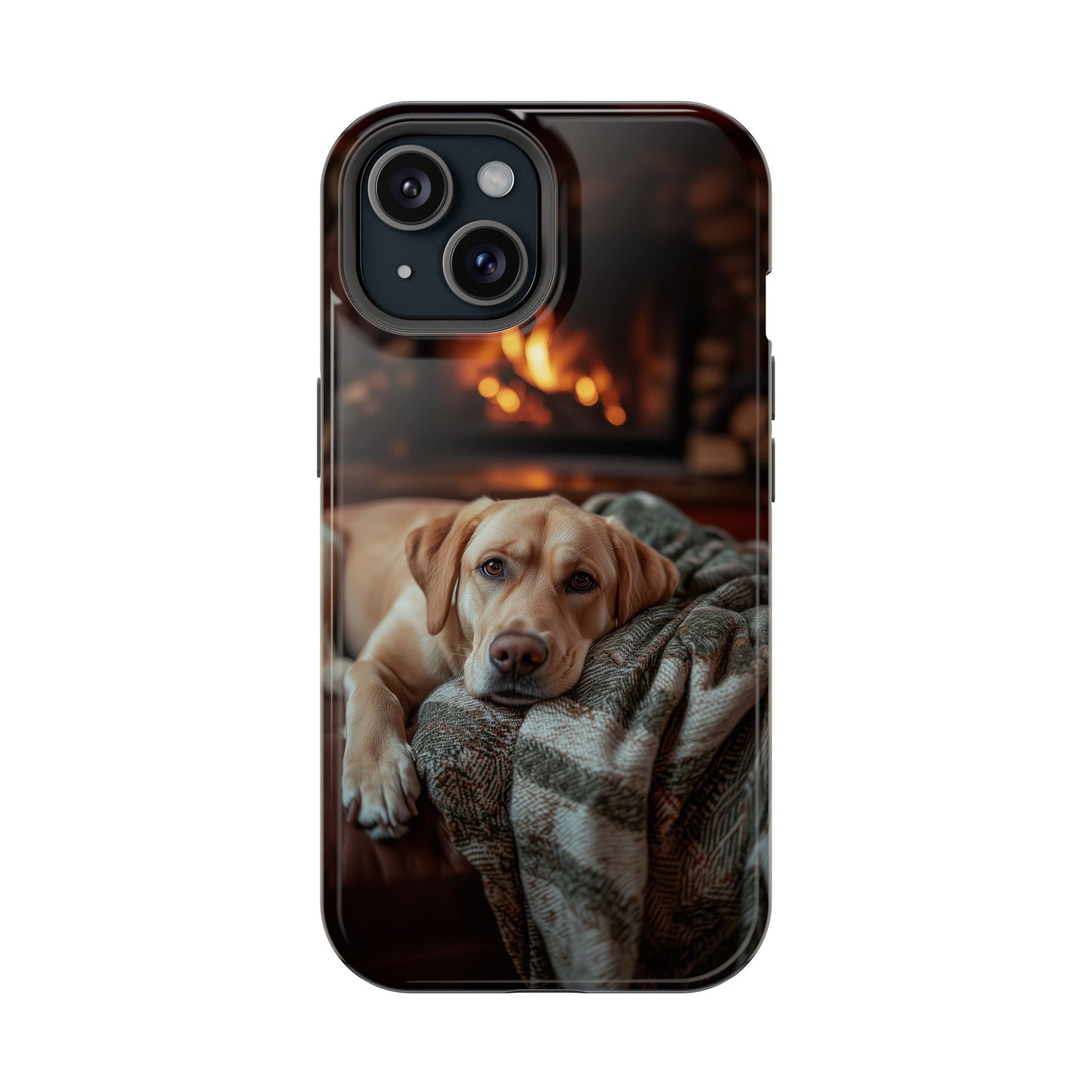Cozy Labrador by Fireplace MagSafe iPhone Case – Rustic Cabin Protective Cover