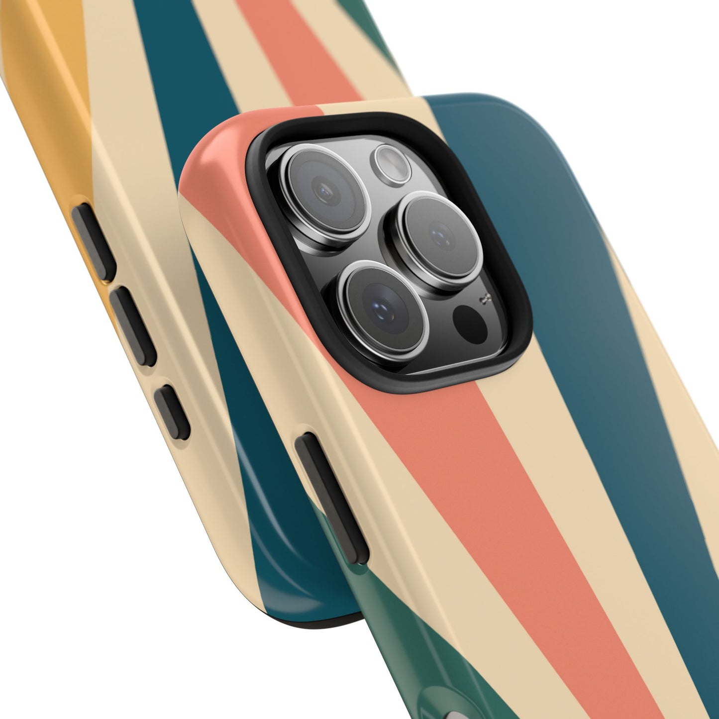 Retro Sunbeam iPhone Case – 70s-Inspired Radiating Stripes in Coral, Teal, and Mustard