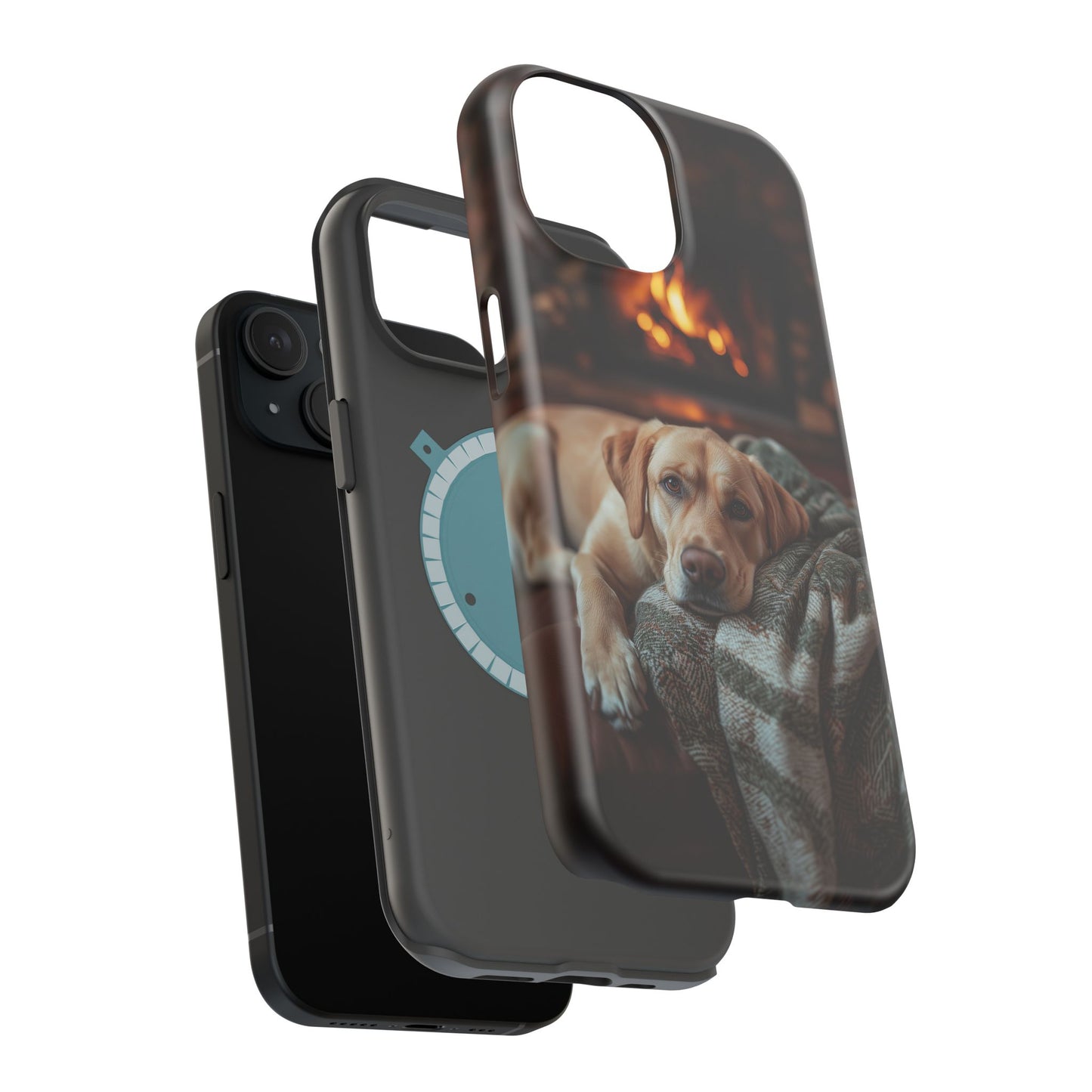 Cozy Labrador by Fireplace MagSafe iPhone Case – Rustic Cabin Protective Cover