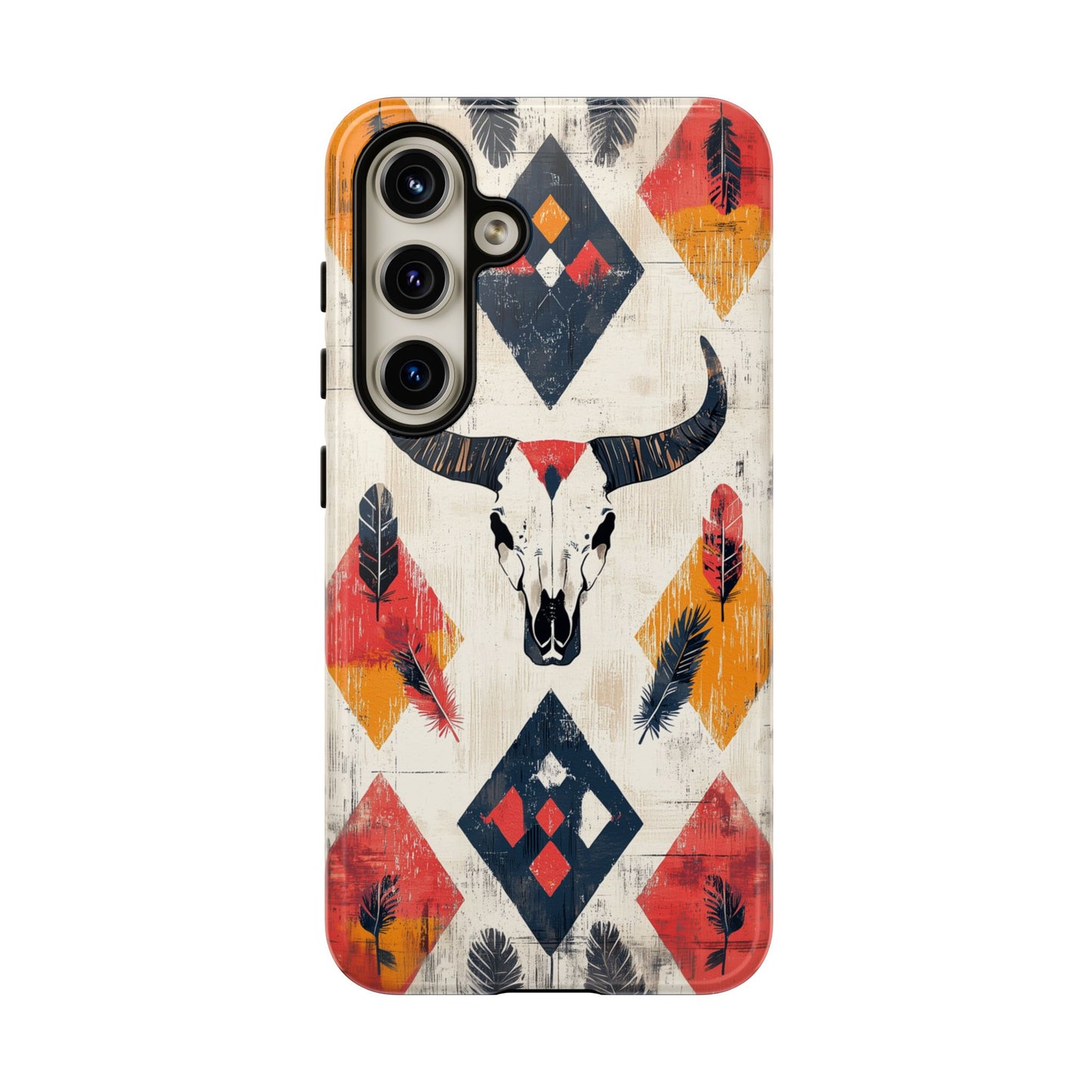 Western Bull Skull & Feathers Tough Samsung Galaxy Case – Bold Tribal Design, Dual-Layer Protection