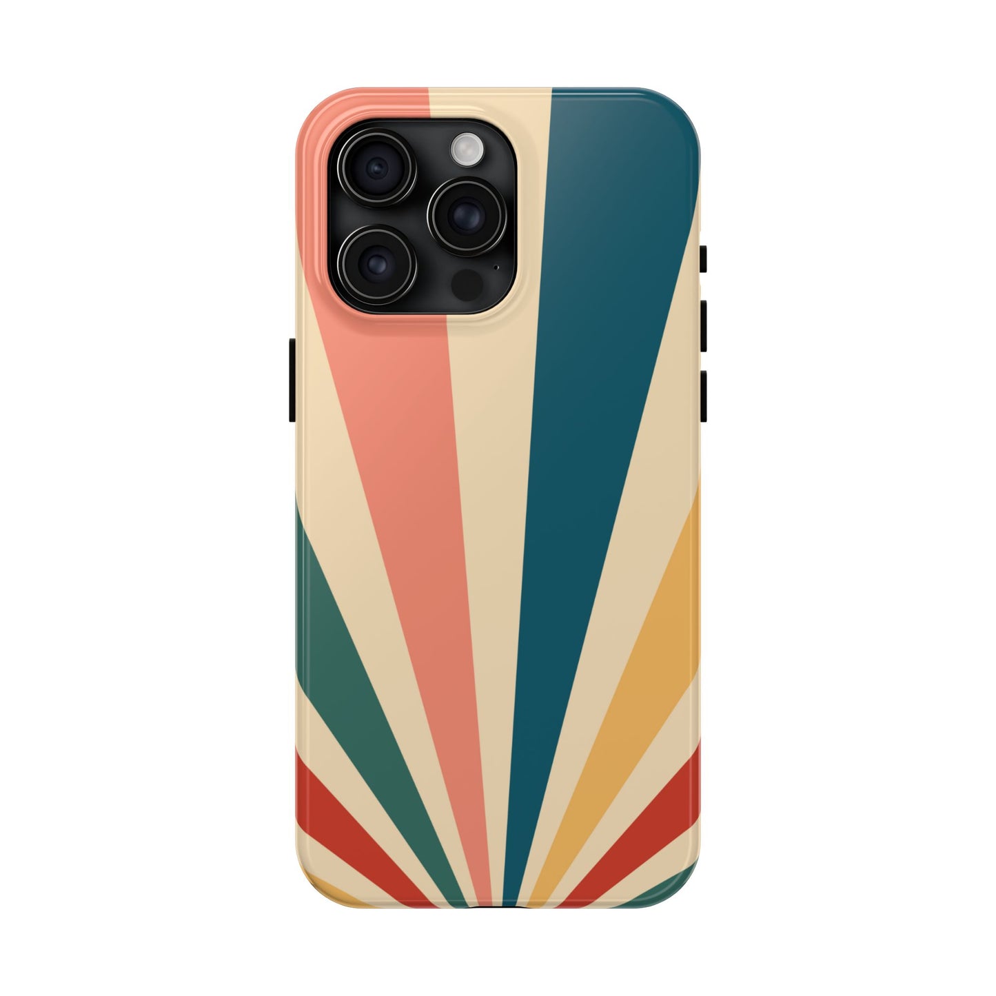 Retro Sunbeam iPhone Case – 70s-Inspired Radiating Stripes in Coral, Teal, and Mustard