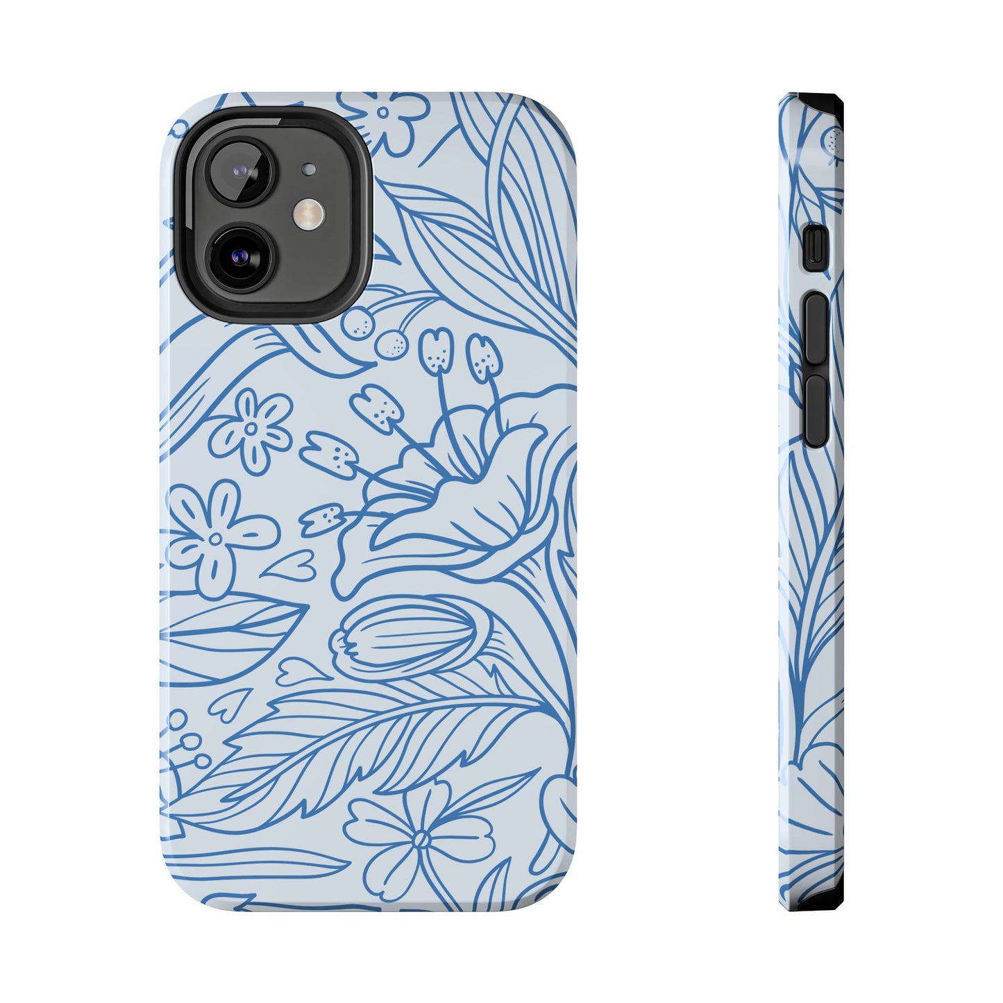 Dusty Blue Floral Line Art Tough iPhone Case – Minimalist Botanical Design with Dual-Layer Protection