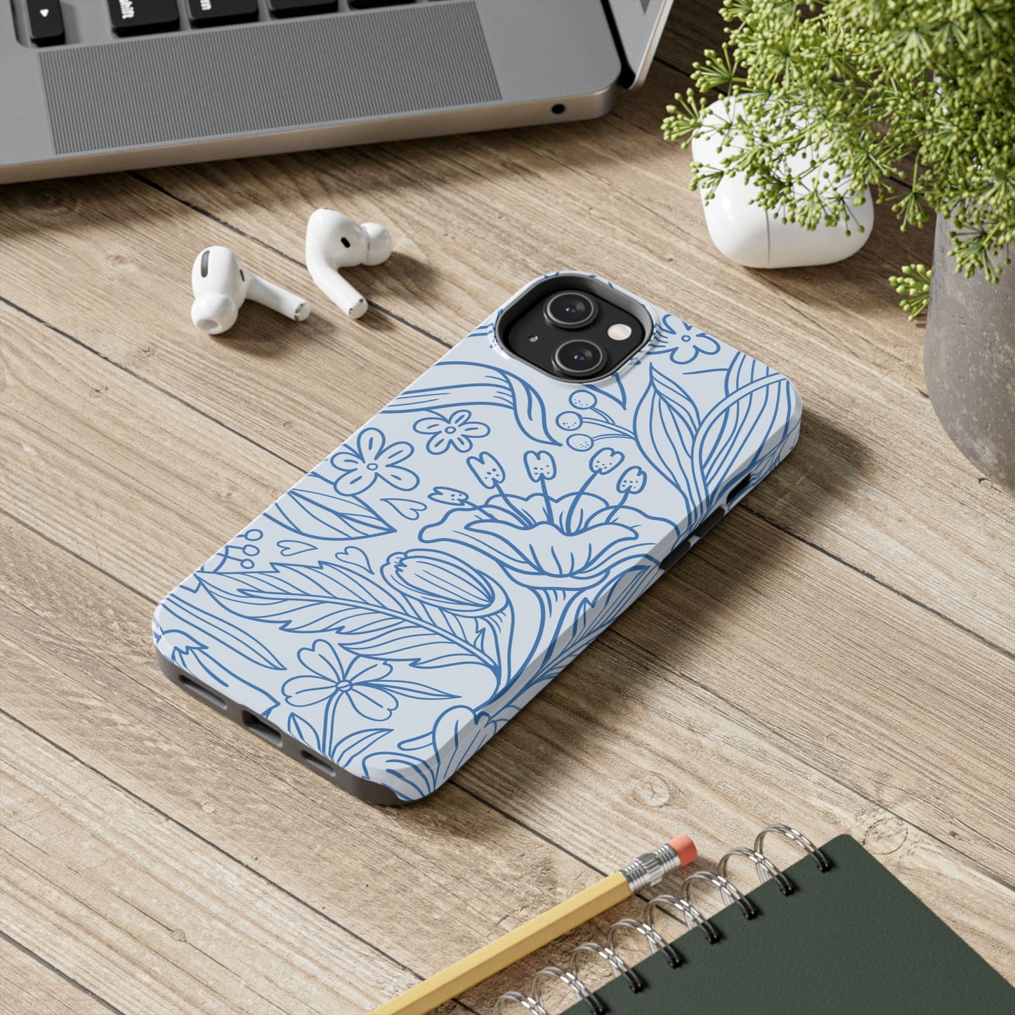 Dusty Blue Floral Line Art Tough iPhone Case – Minimalist Botanical Design with Dual-Layer Protection