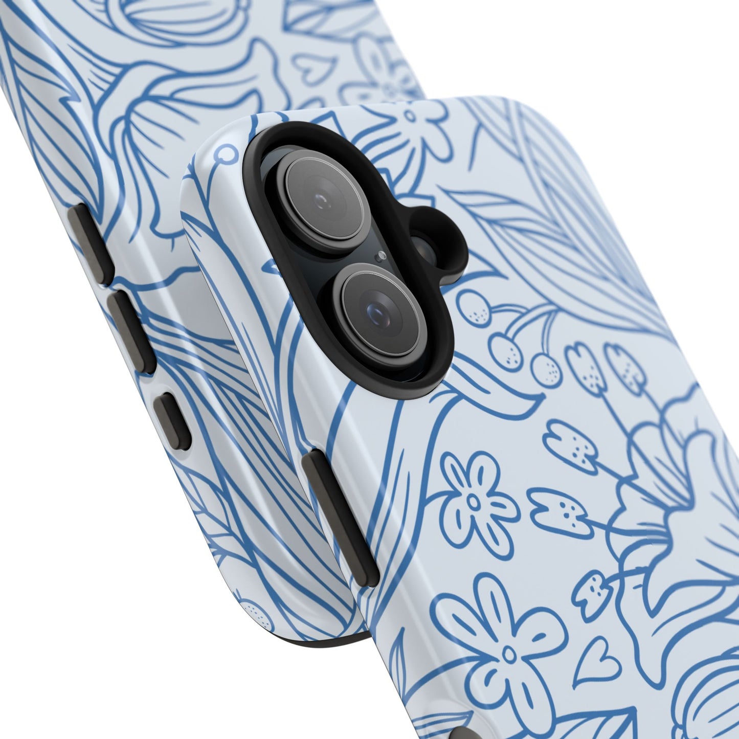 Dusty Blue Floral Line Art Tough iPhone Case – Minimalist Botanical Design with Dual-Layer Protection