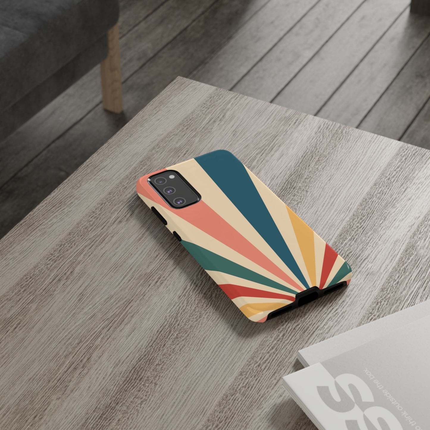 Retro Sunbeam Samsung Galaxy Case – 70s-Inspired Radiating Stripes in Coral, Teal, and Mustard