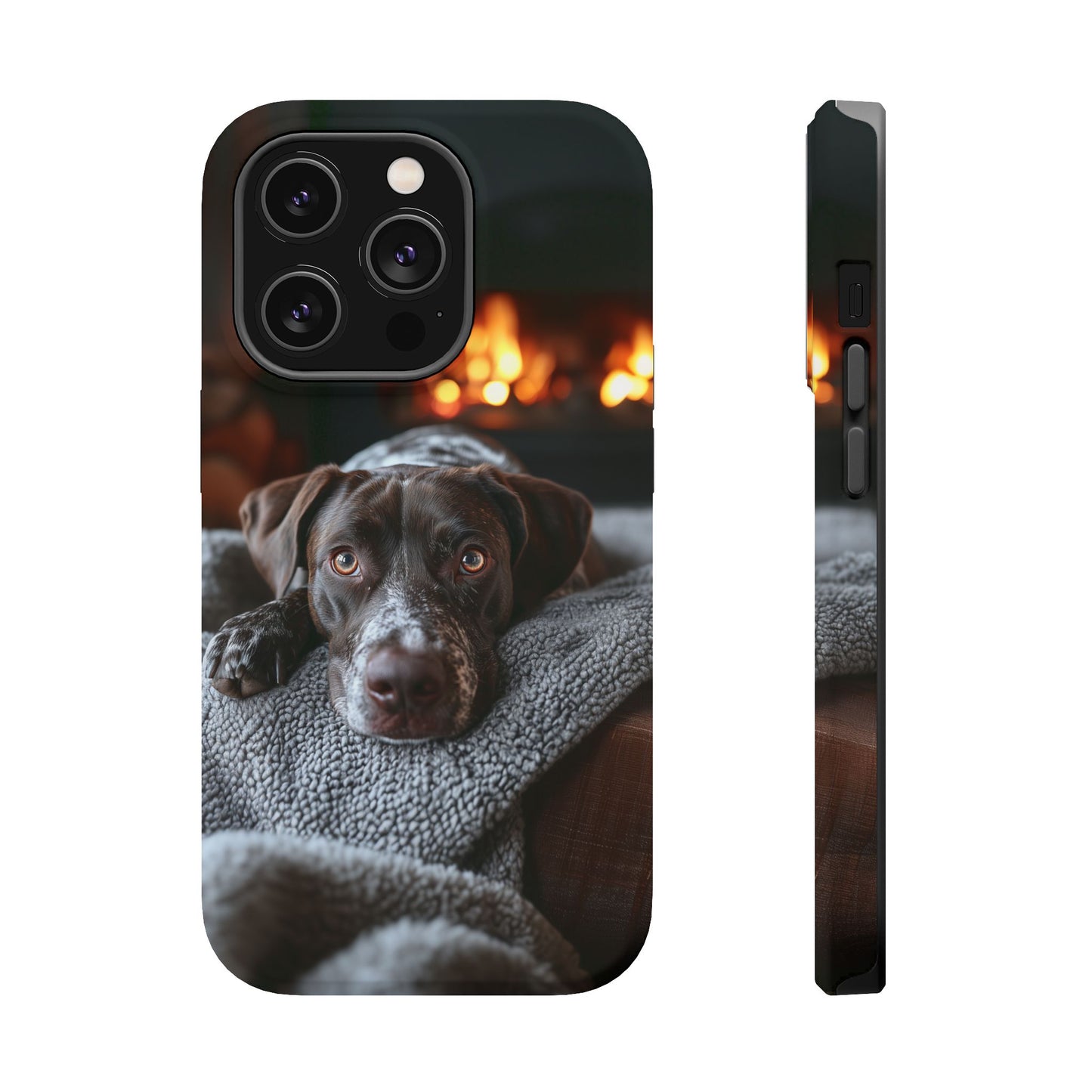 Cozy German Shorthaired Pointer MagSafe iPhone Case – Rustic Fireplace Protective Cover
