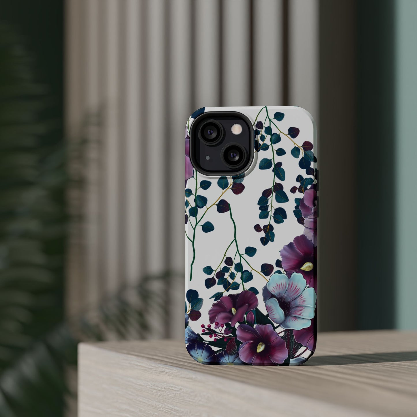 Moody Purple & Teal Floral MagSafe iPhone Series Case – Elegant Botanical Design