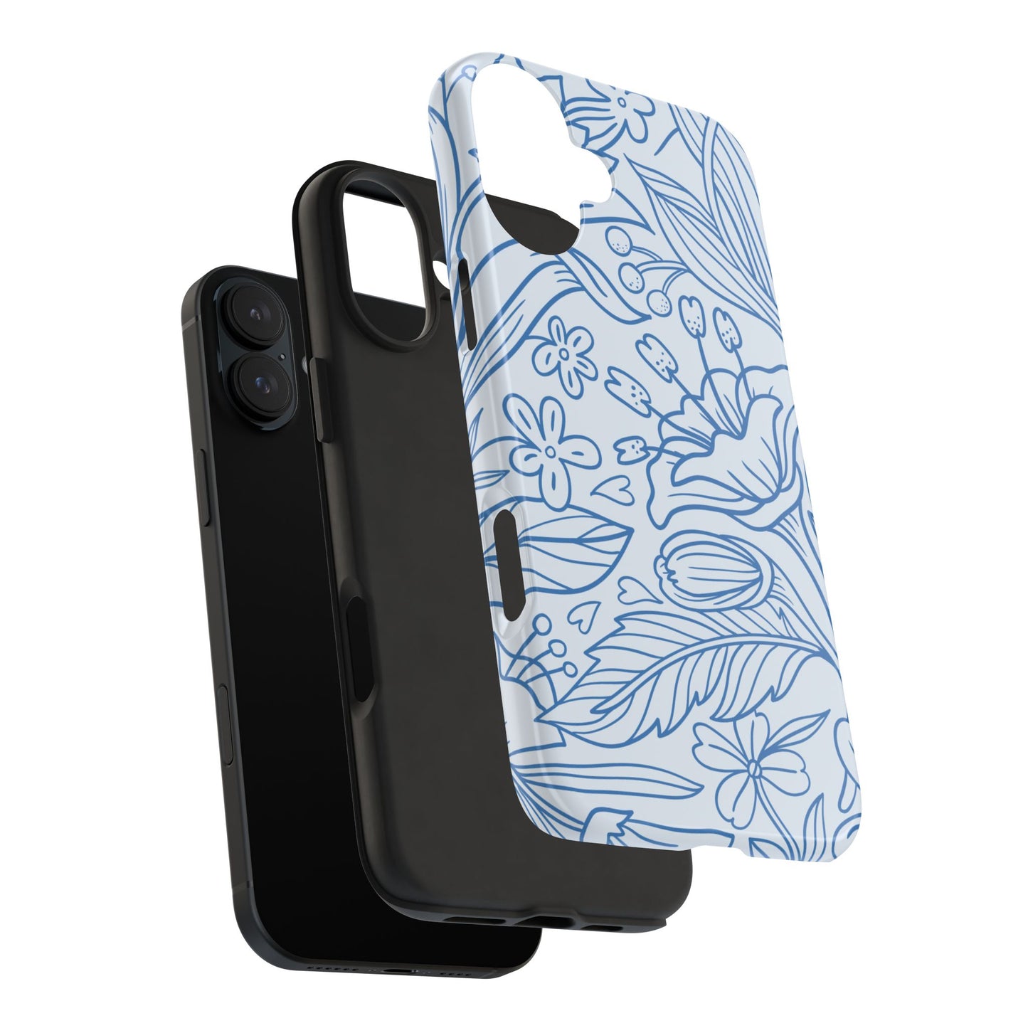 Dusty Blue Floral Line Art Tough iPhone Case – Minimalist Botanical Design with Dual-Layer Protection