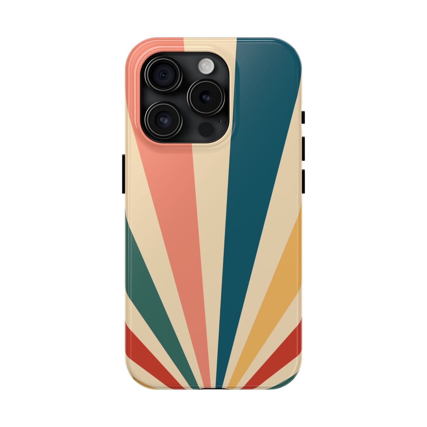 Retro Sunbeam iPhone Case – 70s-Inspired Radiating Stripes in Coral, Teal, and Mustard
